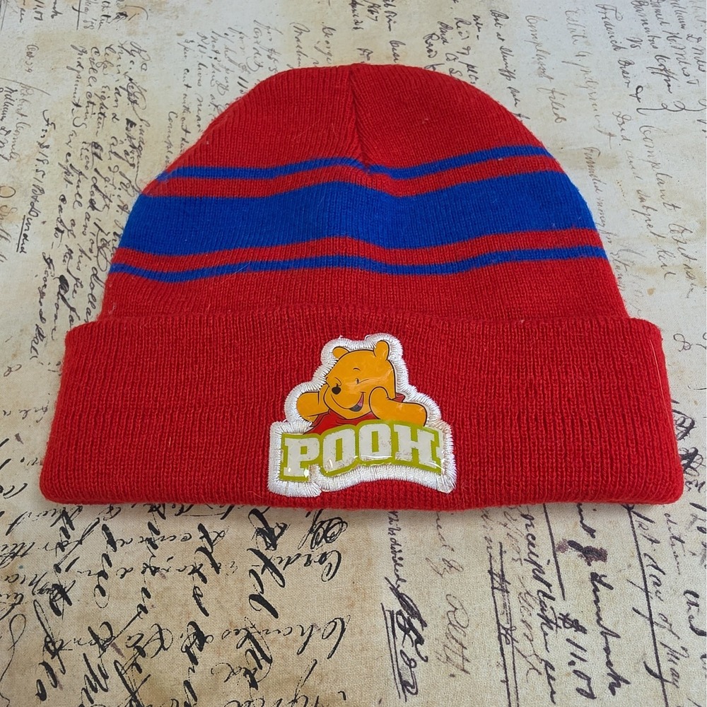 Vintage Disney Winnie the Pooh Beanie Toddler Red Blue Stripe Knit Hat 90s